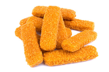 Fish fingers isolated on white background. Frozen fish sticks.