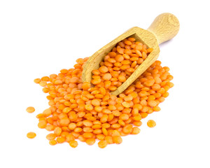 Lentil and scoop isolated on white background
