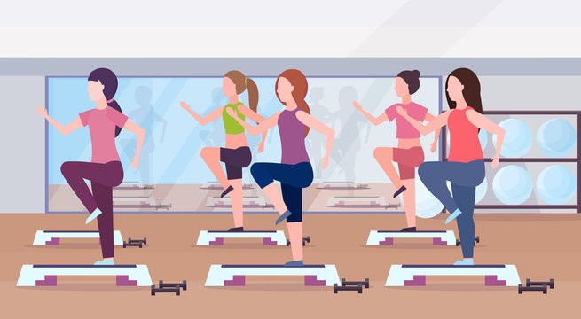 sports women group doing squats on step platform girls training in gym aerobic legs workout healthy lifestyle concept flat modern health club studio interior horizontal