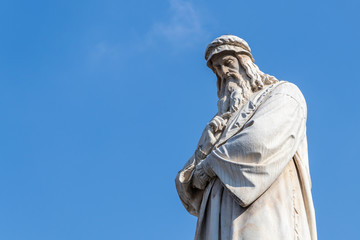Leonardo Da Vinci Statue on Blue Sky Closeup in Milan, Italy