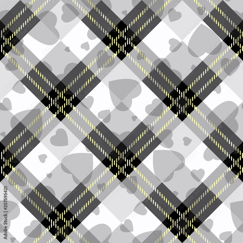 Wall mural Black white diagonal tartan plaid with heart check texture seamless pattern. Vector illustration.