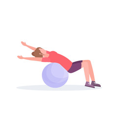 sporty woman lying fitness ball girl doing exercises training in gym aerobic pilates workout healthy lifestyle concept flat white background