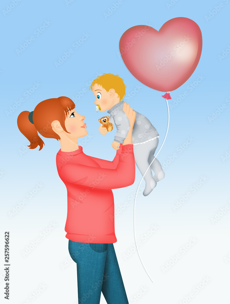 Wall mural illustration of mother and baby