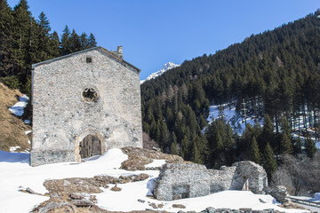 Ruins of San Gaudenzio in the valley Bregaglia, Casaccia, Maloja pass, Switzerland
