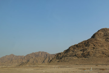 Geological landscape of Jabal Jais characterised by dry and rocky mountains, Mud Mountains in Ras Al Khaimah, United Arab Emirates