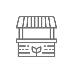 Farmer stall, food market, striped awning line icon.