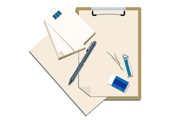 クリップボードと筆記用具のイラスト。文房具のクリップアート。