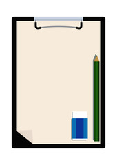 クリップボードと筆記用具のイラスト。文房具のクリップアート。