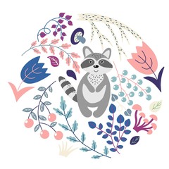 Floral illustration with a raccoon