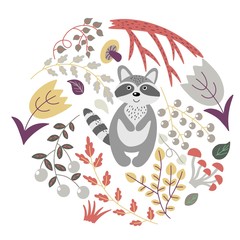 Floral illustration with a raccoon