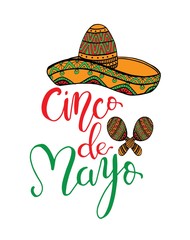 Cinco de Mayo hand written lettering quote with sombrero. Modern brush calligraphy. National colors of mexico. - Illustration