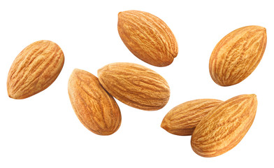 Flying almonds, isolated on white background