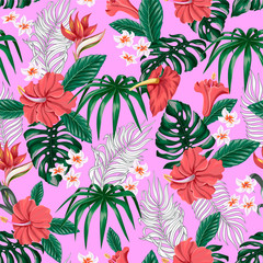 Seamless pattern with Tropical flowers and leaves such as banana, palm, monstera leaf and narcissus, hibiscus, plumeria.