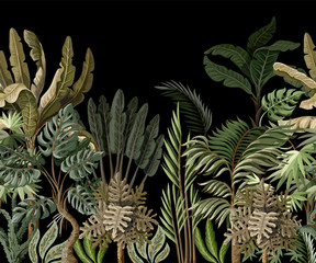 Fototapety  Bezszwowa granica z tropikalnym drzewem, takim jak palma, banan, monstera. Wektor.