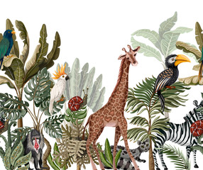 Fototapety  Bezszwowa granica z tropikalnym drzewem, takim jak palmy, banany i zwierzęta dżungli. Wektor.