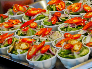 Muslim food sauce, close up Islamic dish made of cucumber slices and onions in vinegar.