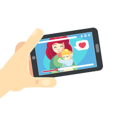 Vector flat cartoon illustration of Family call concept precious memories moments of life. Young family mother and child video love and connection through smartphone. Human hand hold device.