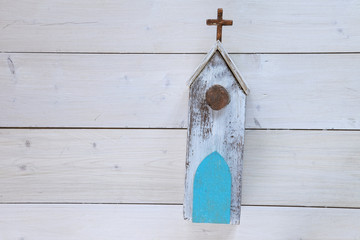 toy house, church  in miniature. View on top. background for invitations, posters the marine theme. wedding theme