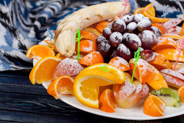  appetizing, ripe, summer fruits, beautifully served on the table, for design solutions in cooking.