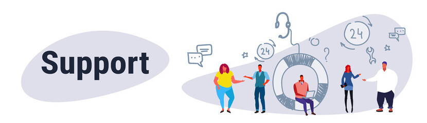 fat overweight people group technical team support center concept online customer service operators team working process male female cartoon characters full length sketch horizontal