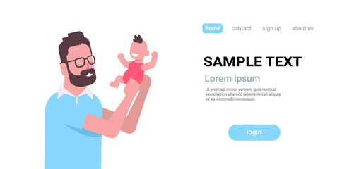 father holding newborn son man raising his little baby happy family fatherhood concept cartoon character portrait white background horizontal copy space flat