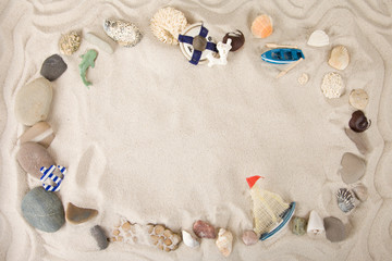 Beach summer theme. Summer background with sea shells and red star with sand on blue wooden planks....