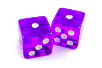 Two purple glass dice isolated on white background. One and one