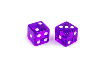 Two purple glass dice isolated on white background. Two and three.