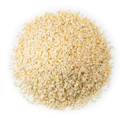 Heap of sesame seeds on a white. The form of the top.