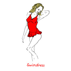 Portrait of sexy blonde retro pin up girl in red swim dress one piece swimsuit with inscription, hand drawn outline doodle, sketch in pop art style, vector illustration