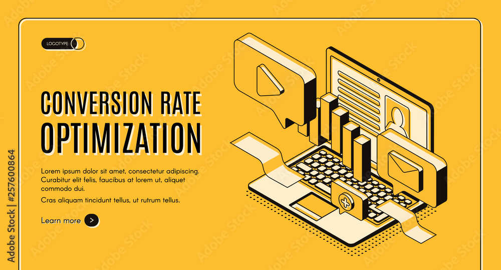 Poster conversion rate optimization isometric vector web banner with digital content on laptop screen illus