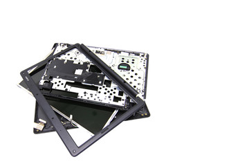 A broken old Computer laptop and notebook crash concept Laptop disassembling in repair shop copy space