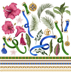 Elements of belts, chains and tropical leaves and flowers. For trendy fashion print.