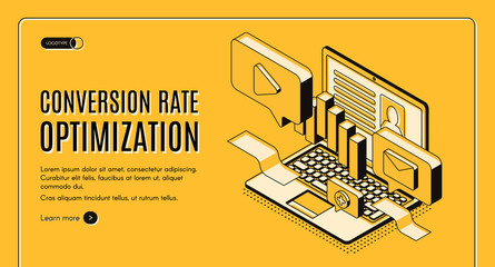 Conversion rate optimization isometric vector web banner with digital content on laptop screen illustration. Internet marketing technology, e-commerce sales optimization service landing page template