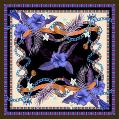 Design scarf with belts, chains and tropical leaves and flowers. Trendy fashion print.