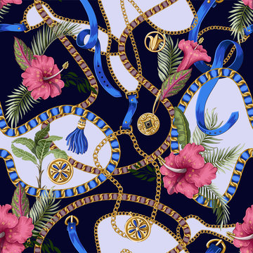 Seamless summer pattern with belts, chains and tropical leaves and flowers. Trendy fashion print.