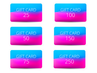 Set of gift cards with a gradient background in blue and pink. Vector illustrations