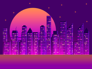 Naklejka premium Cityscape with skyscrapers in the style of the 80s. Retro futurism. City sunset. Light in the windows. Vector illustration