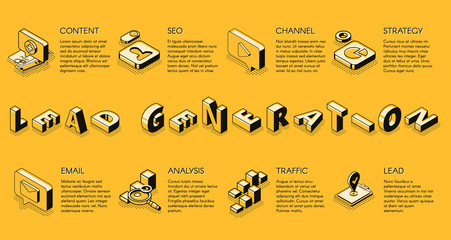 Lead generation internet business marketing strategy isometric projection vector banner, poster, presentation infographics slide with business icons set illustration. E-commerce digital technologies