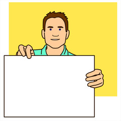 A man holds a blank sheet for text or image.