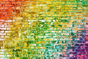 Colorful old brick wall background with rainbow effect