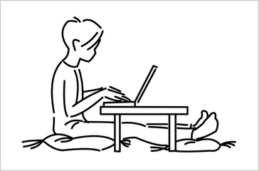A man drawn by lines sits on a pillow at a low table, looks into a laptop, side view.