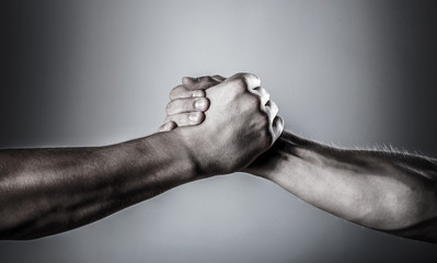 Handshake, arms. Friendly handshake, friends greeting. Rescue, helping hand. Male hand united in...