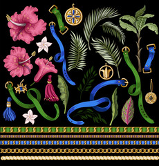 Elements of belts, chains and tropical leaves and flowers. For trendy fashion print.
