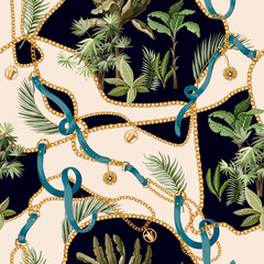 Seamless summer pattern with belts, chains and tropical leaves and trees. Trendy fashion print.