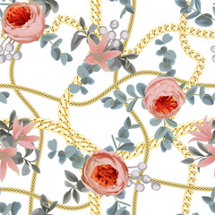 Golden Chains Check Seamless Pattern with Flowers.