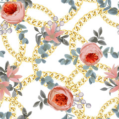 Golden Round Check Seamless Pattern with Flowers.