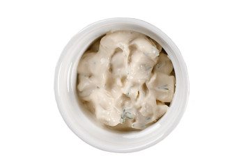 Garlic sauce in a bowl on white background. One of the collection of various sauces.