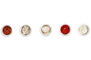 Sauces on white background, top view. Isolated.