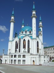Bright Sunny summer day. Kazan. Beautiful snow-white mosque shines in the sun.
